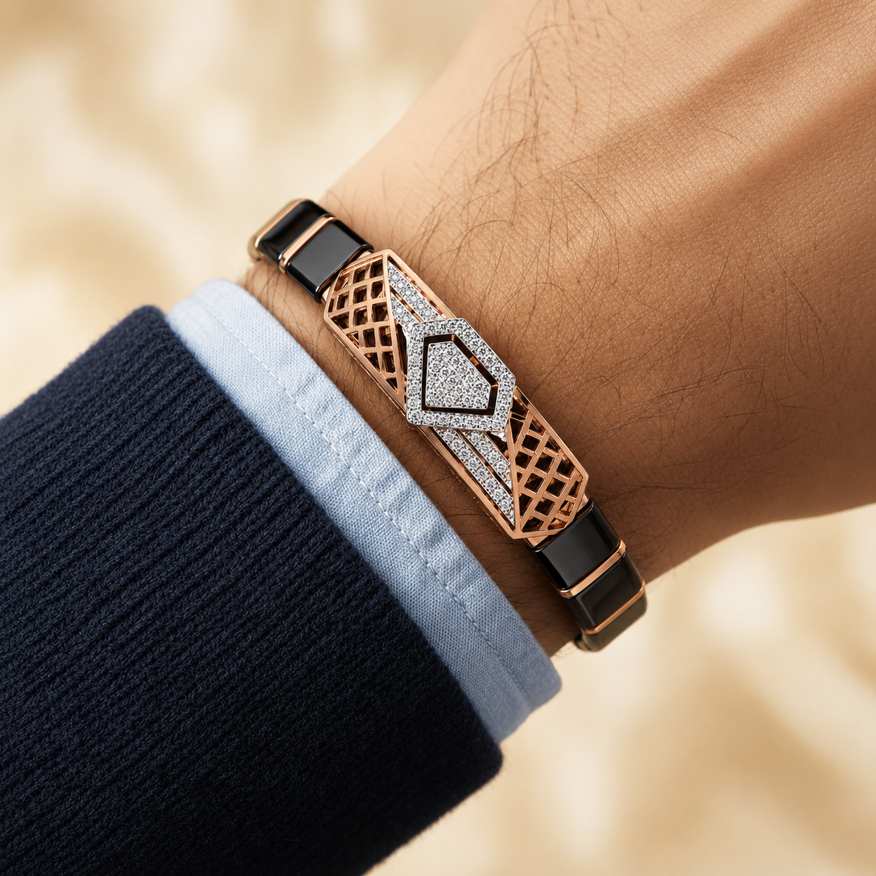 Geometric Diamond-Pavé Ceramic & Rose Gold Bracelet