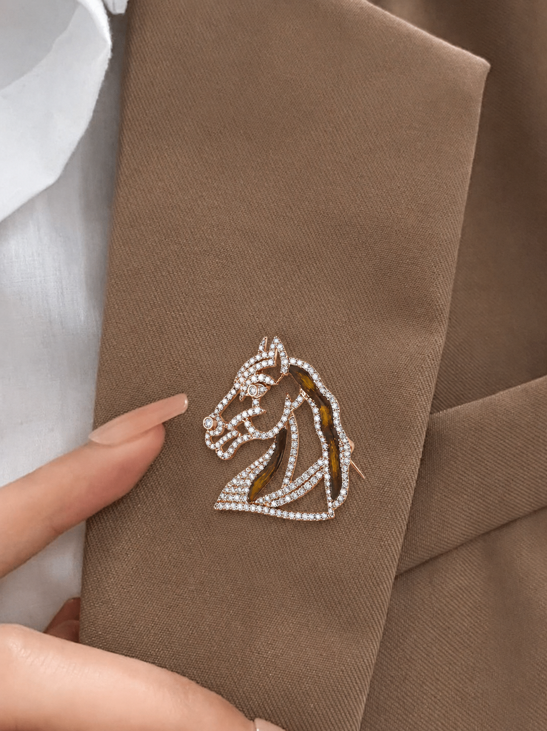 Noble Equestrian Diamond and Enamel Horse Head Brooch