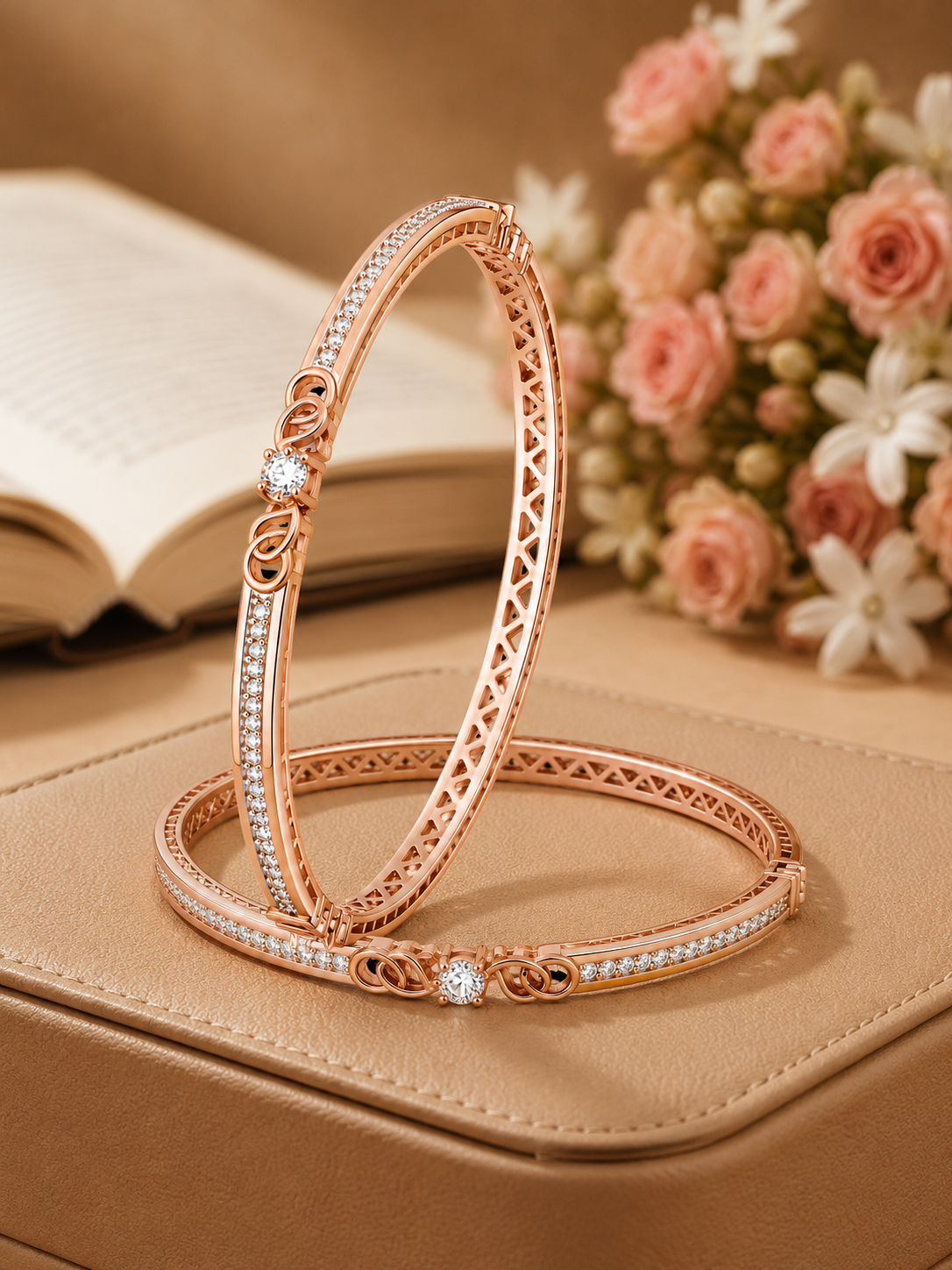Solitaire Accent & Pavé Pave Rose Gold Designer Bangles