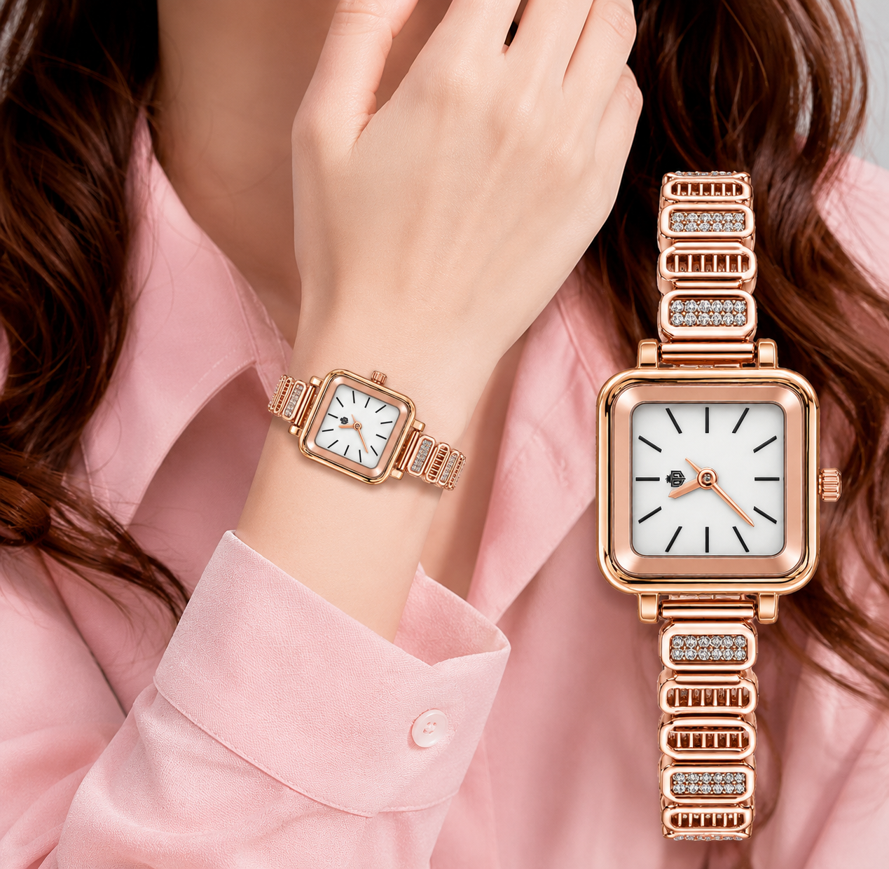 Modern Geometric Square-Case Crystal Ladies Wristwatch
