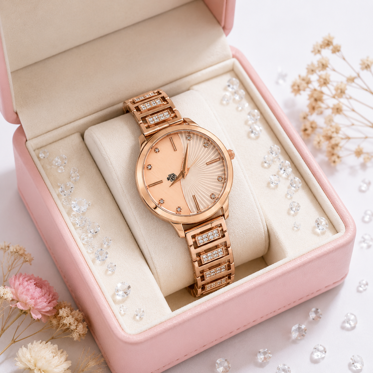 Monochromatic Sunburst Dial Geometric Crystal Ladies Wristwatch