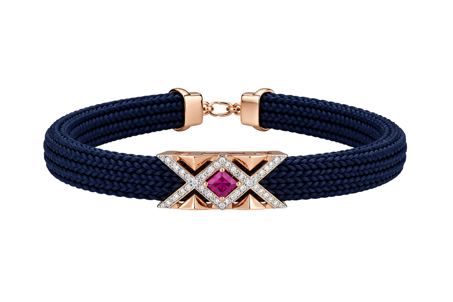 Sophisticated Navy Braided Cord and Ruby-Tone Geometric Bracelet