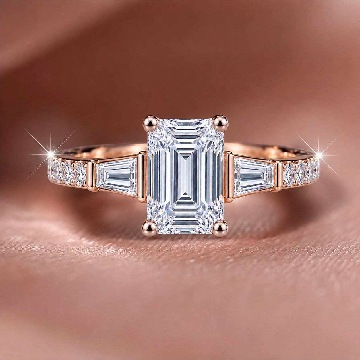 Classic Three-Stone Emerald and Baguette-Cut Ring