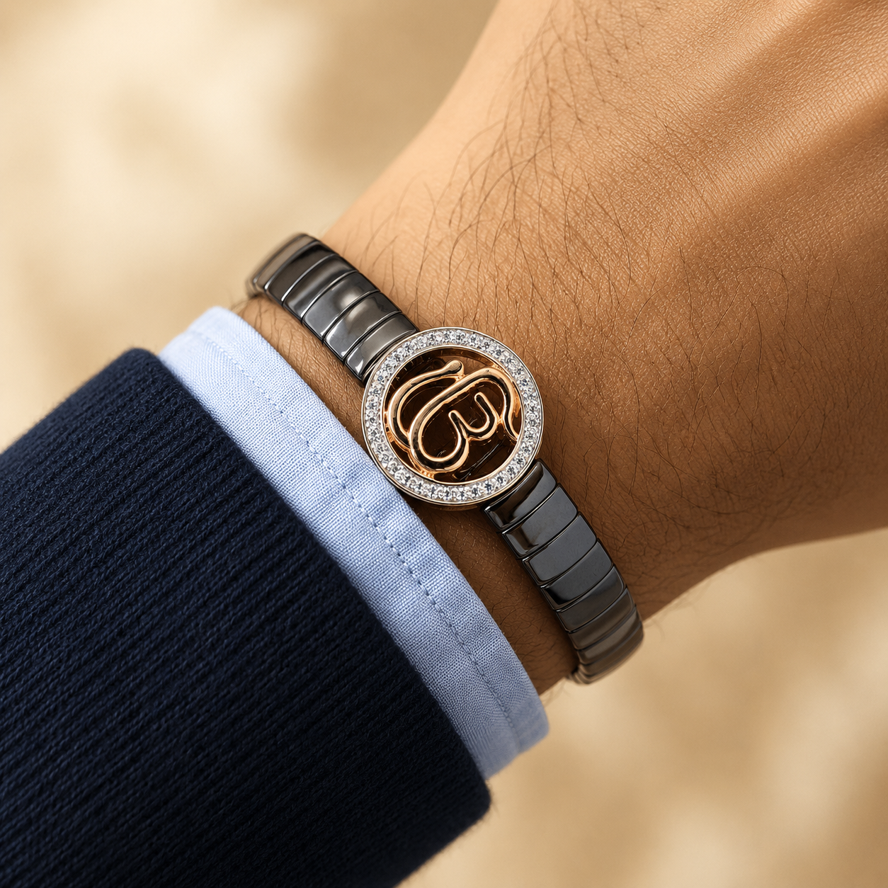 Elegant 'Ik Onkar' Ceramic & Rose Gold Statement Bracelet