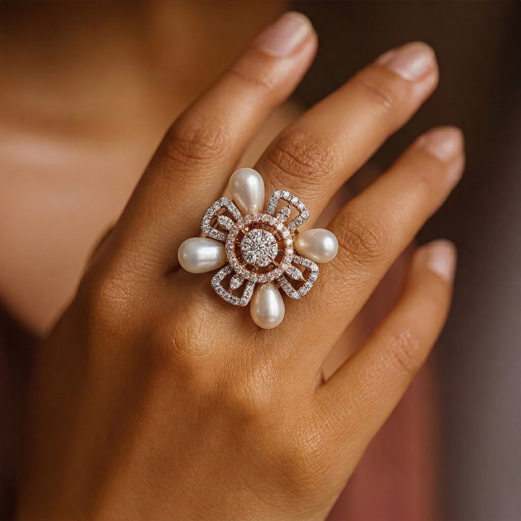 Floral Elegance Pearl & Diamond Statement Ring