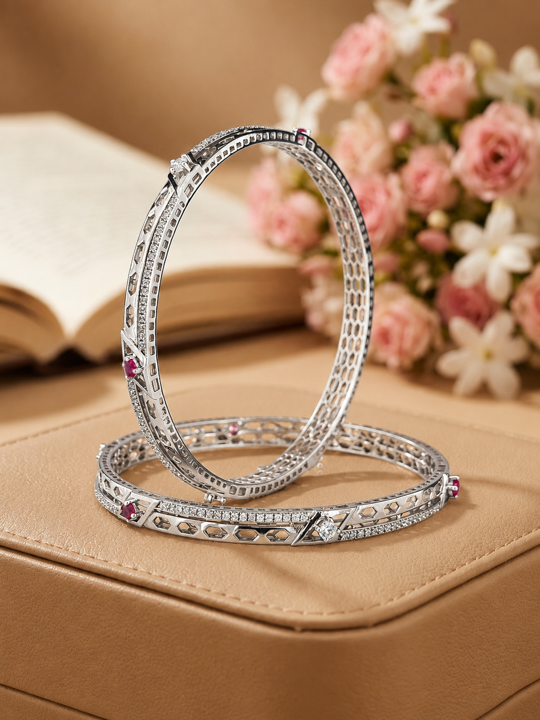 Luminous Hexagonal Lattice Silver-Toned Bangles