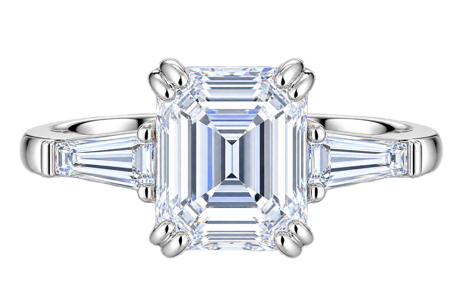 Sophisticated Emerald-Cut Three-Stone Engagement Ring