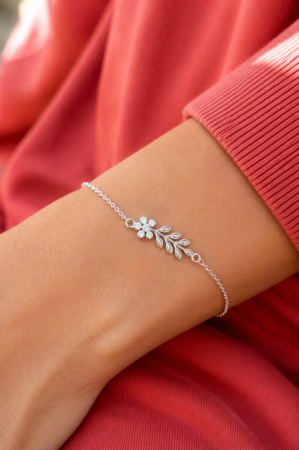 Ethereal Botanical Leaf and Blossom Silver Bracelet