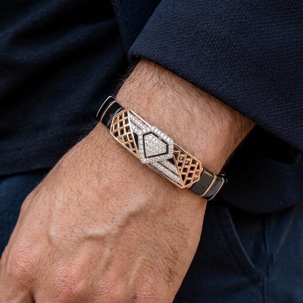 Geometric Diamond-Pavé Ceramic & Rose Gold Bracelet
