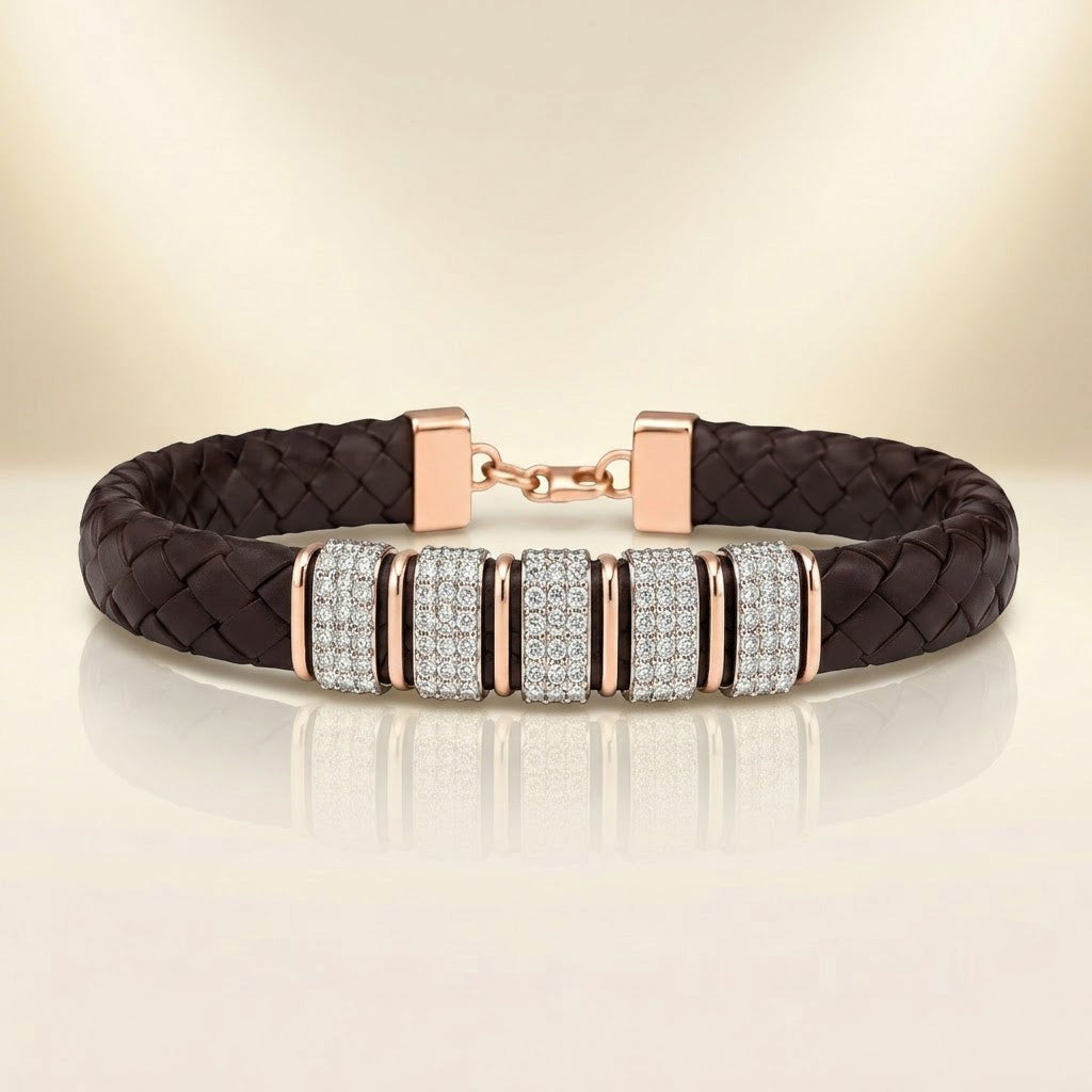 Sophisticated Dark Brown Leather and Pave-Set Bracelet