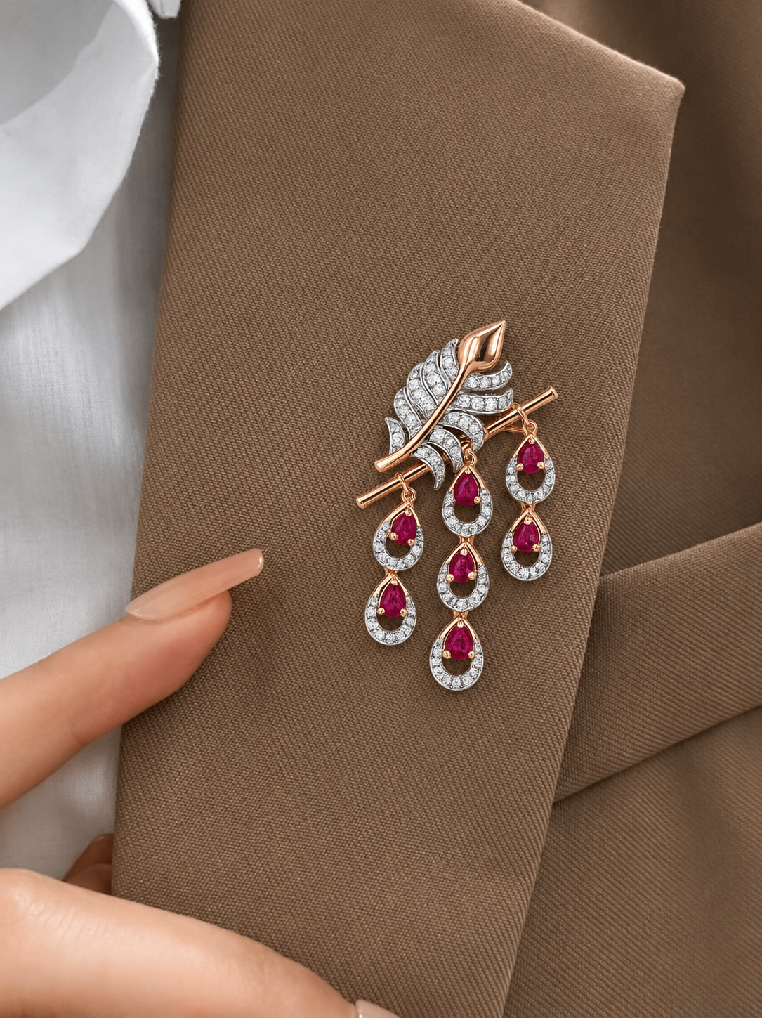 Divine Flute and Peacock Feather Ruby Brooch