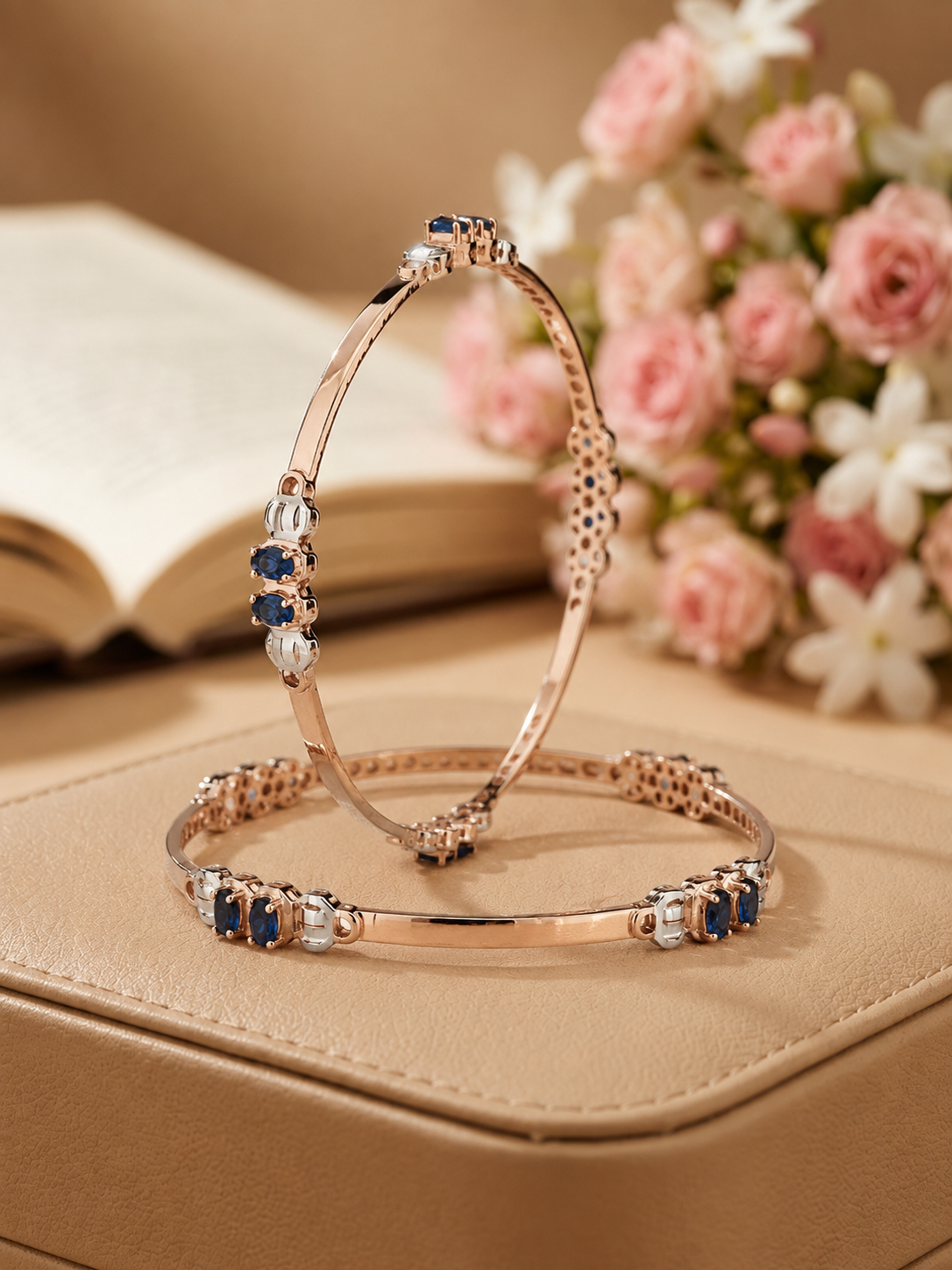 Elegant Dual-Sapphire Accent Rose Gold Bangles