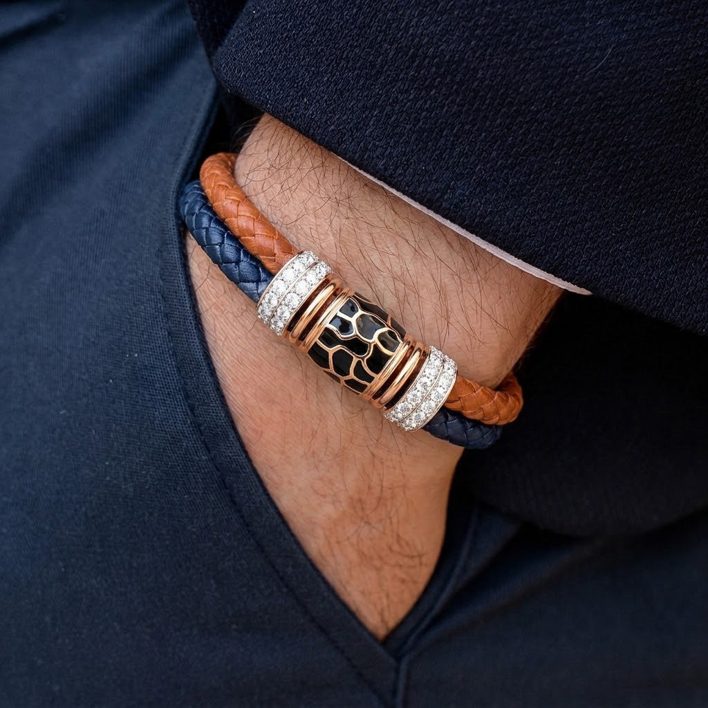 Dual-Tone Braided Leather and Enamel Statement Bracelet