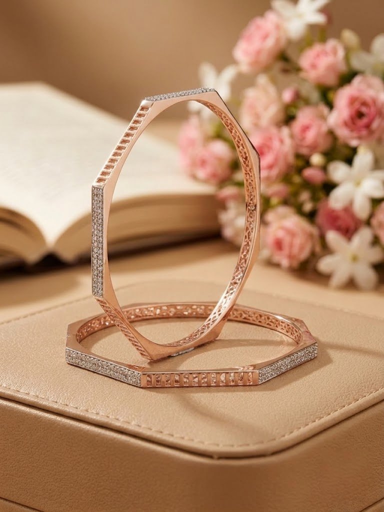 Architectural Pave Diamond-Accented Rose Gold Bangles