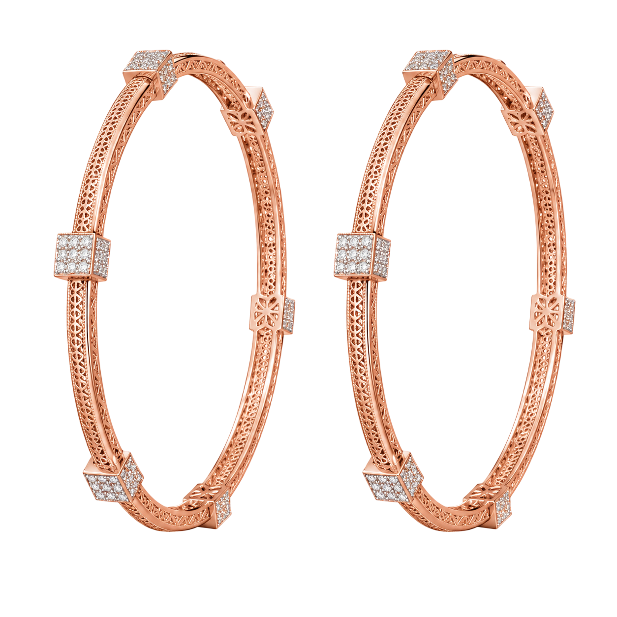Ornate Filigree and Crystal-Studded Rose Gold Bangles