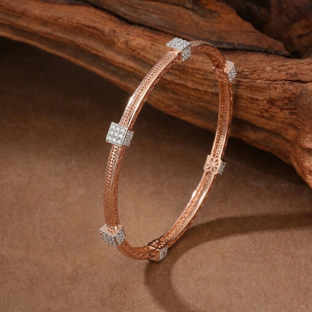 Ornate Filigree and Crystal-Studded Rose Gold Bangles