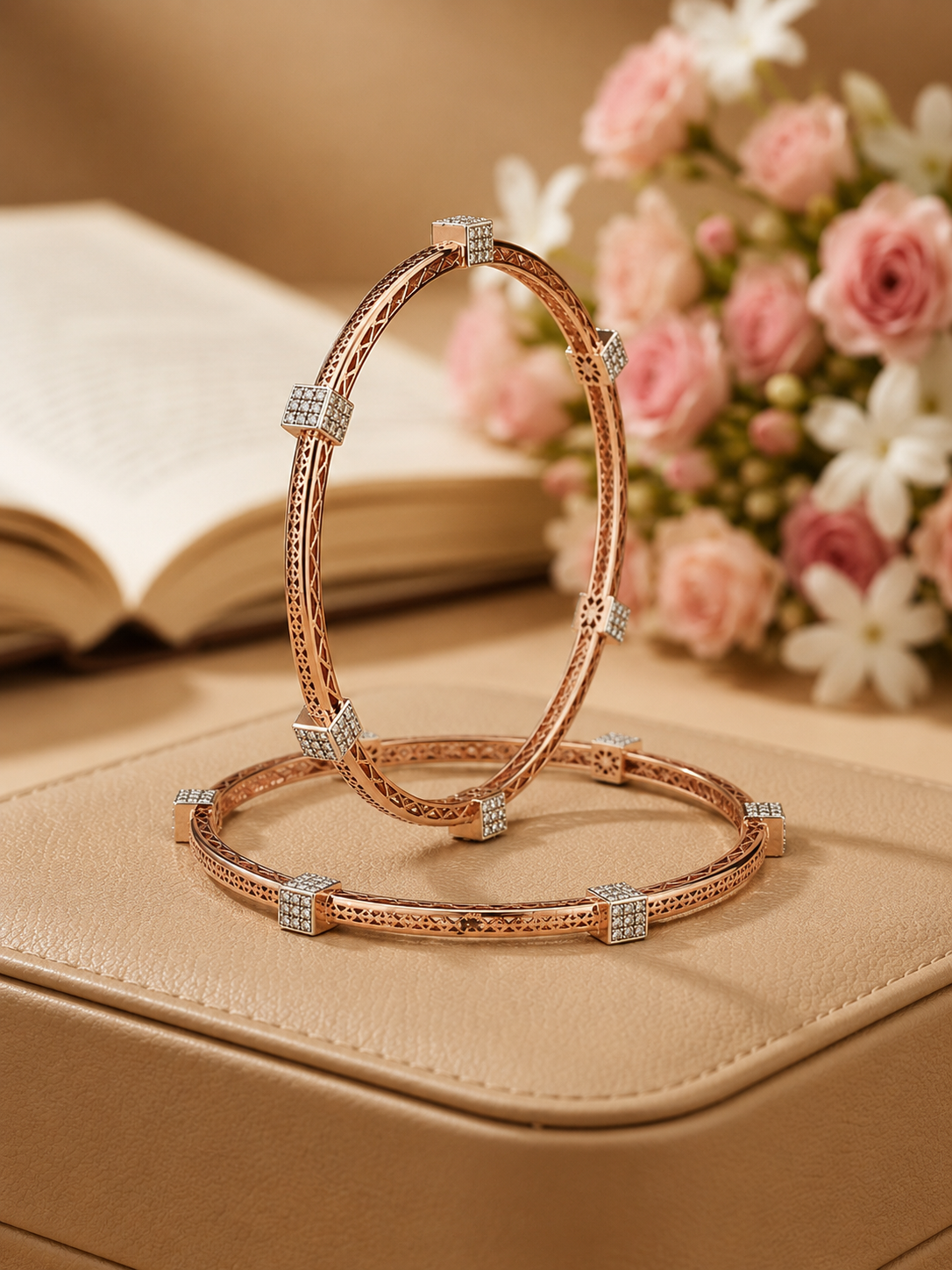 Ornate Filigree and Crystal-Studded Rose Gold Bangles