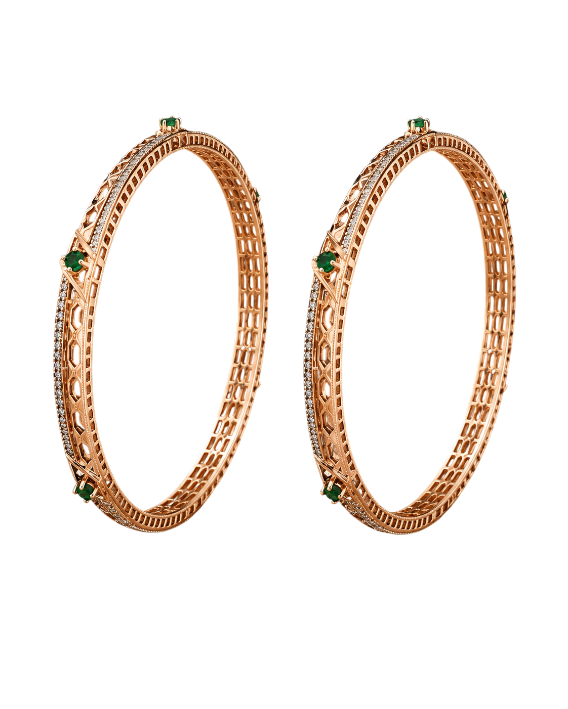 Emerald-Accented Openwork Lattice Rose Gold Bangles