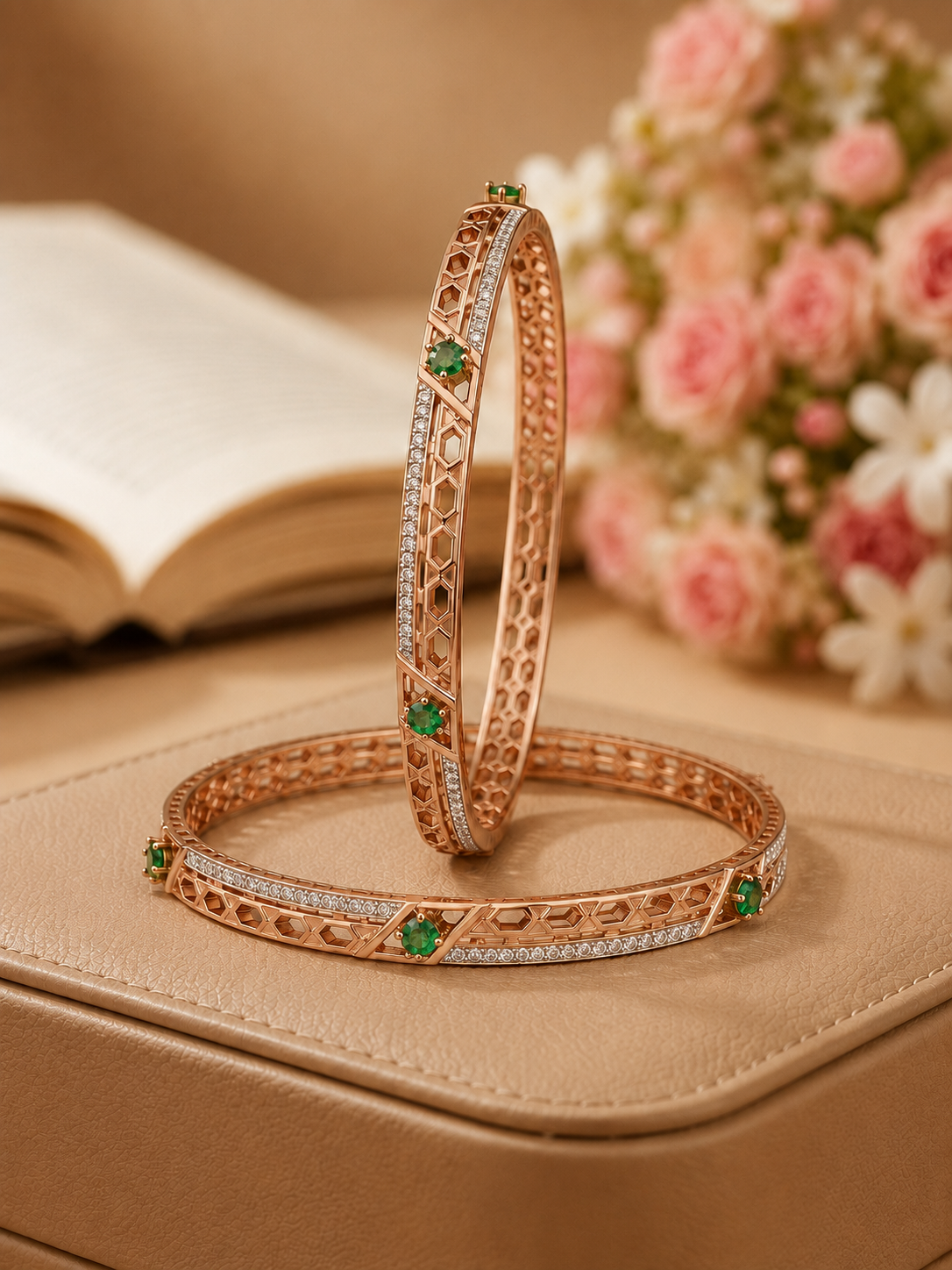 Emerald-Accented Openwork Lattice Rose Gold Bangles