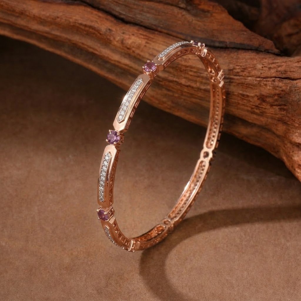 Pink Sapphire and Diamond-Embedded Rose Gold Bangles
