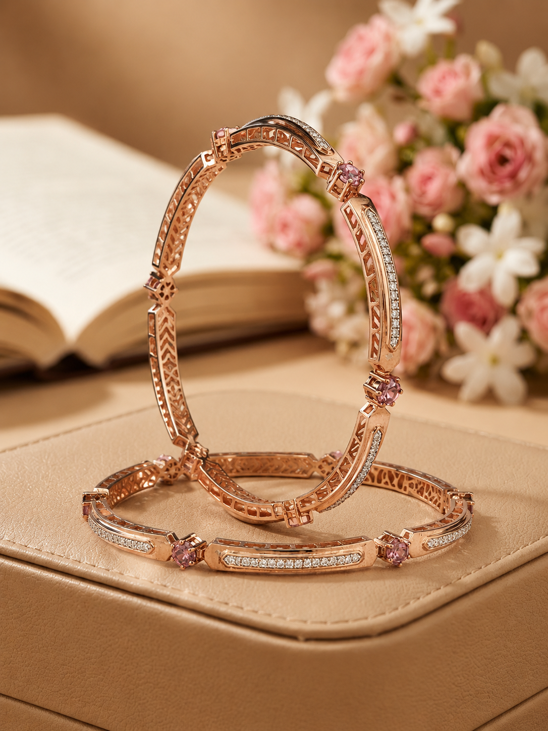 Pink Sapphire and Diamond-Embedded Rose Gold Bangles