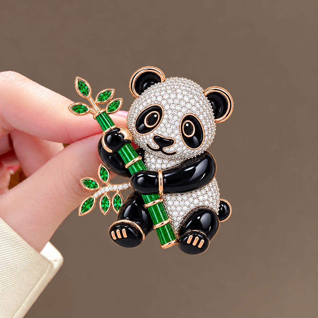 Whimsical Diamond and Emerald Panda Brooch