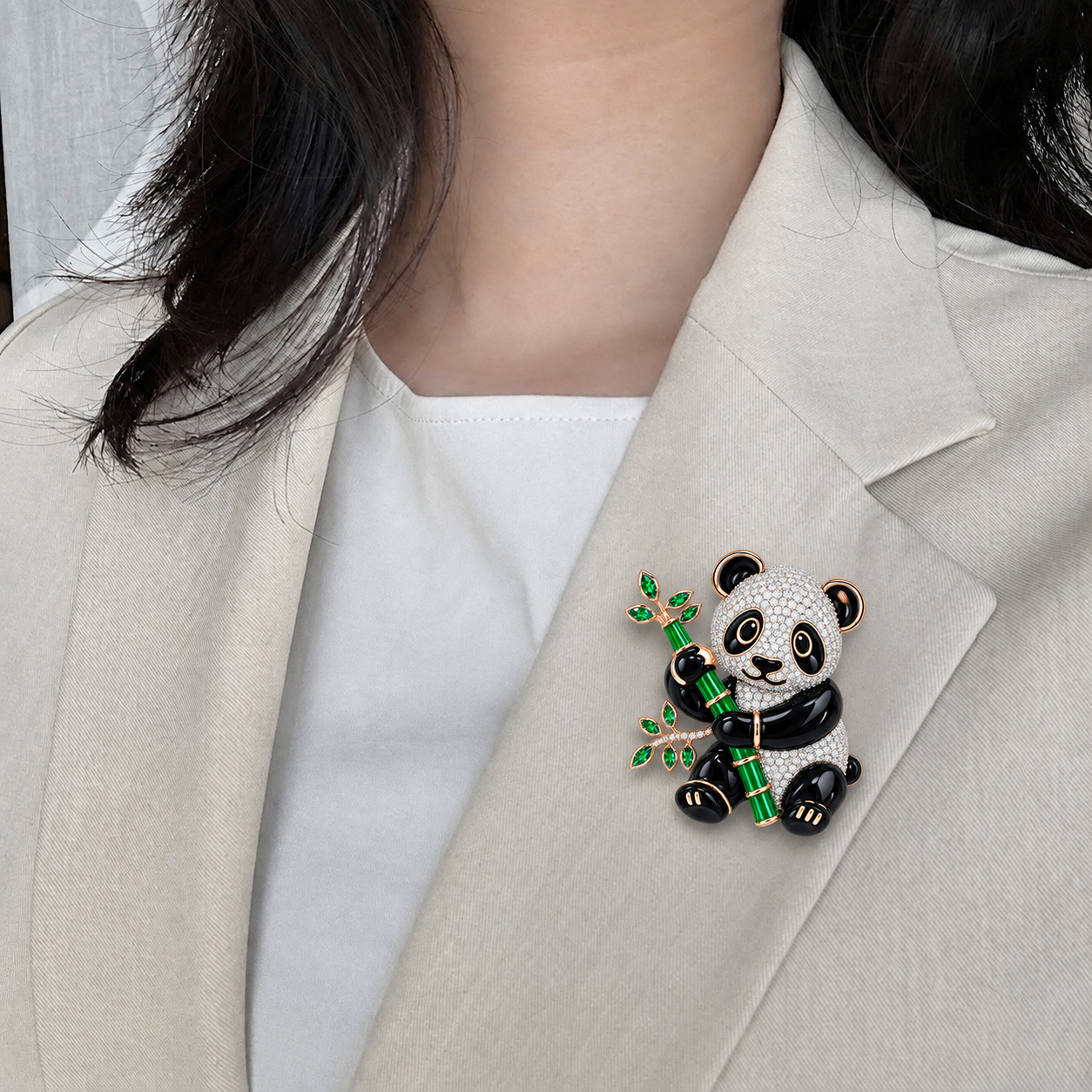 Whimsical Diamond and Emerald Panda Brooch