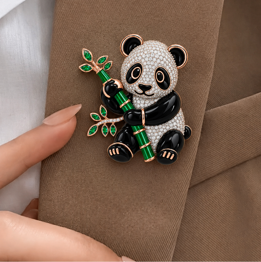 Whimsical Diamond and Emerald Panda Brooch