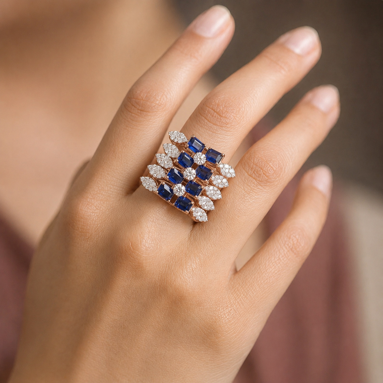 Royal Sapphire & Diamond Lattice Statement Ring
