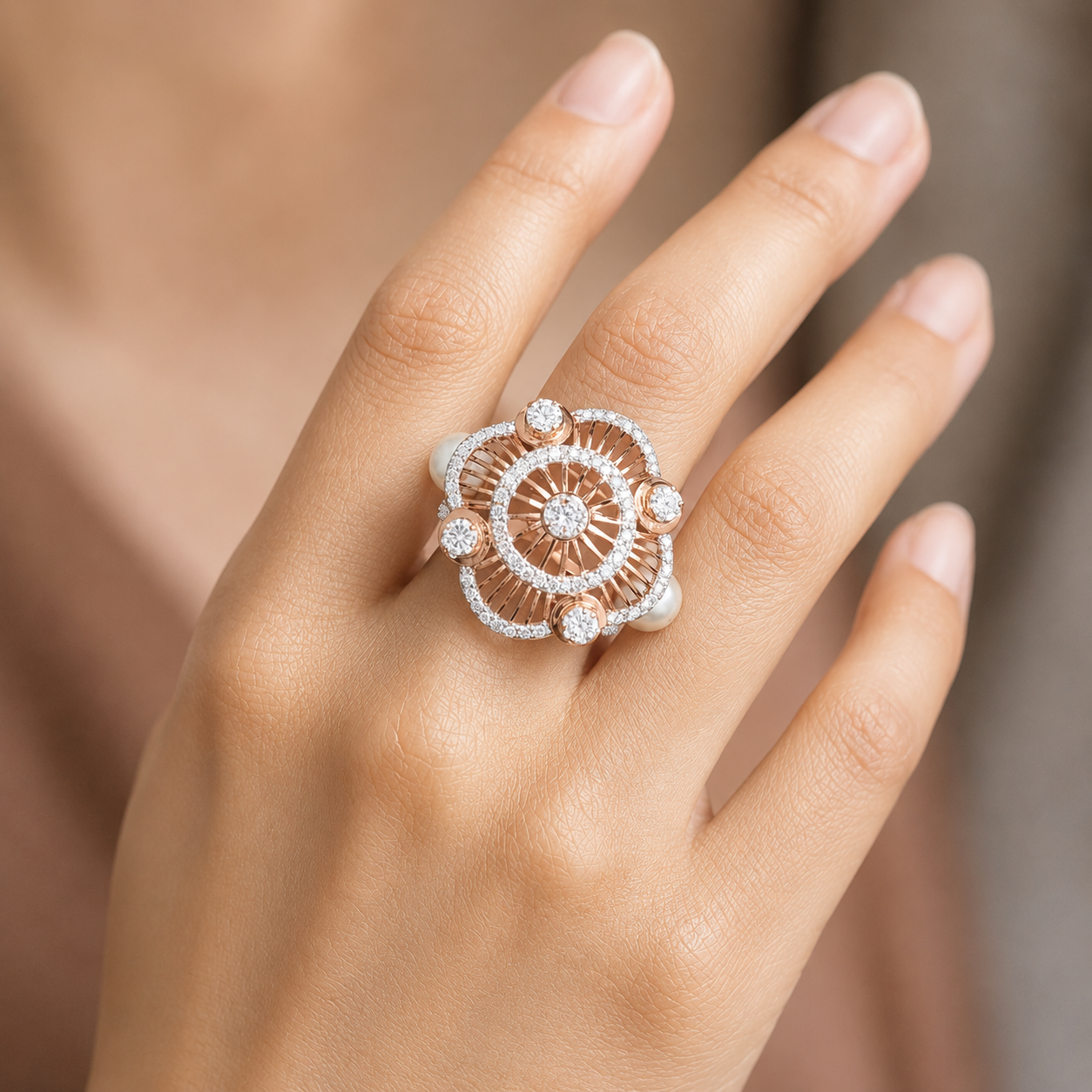 Intricate Wheel-Motif Pearl & Diamond Ring