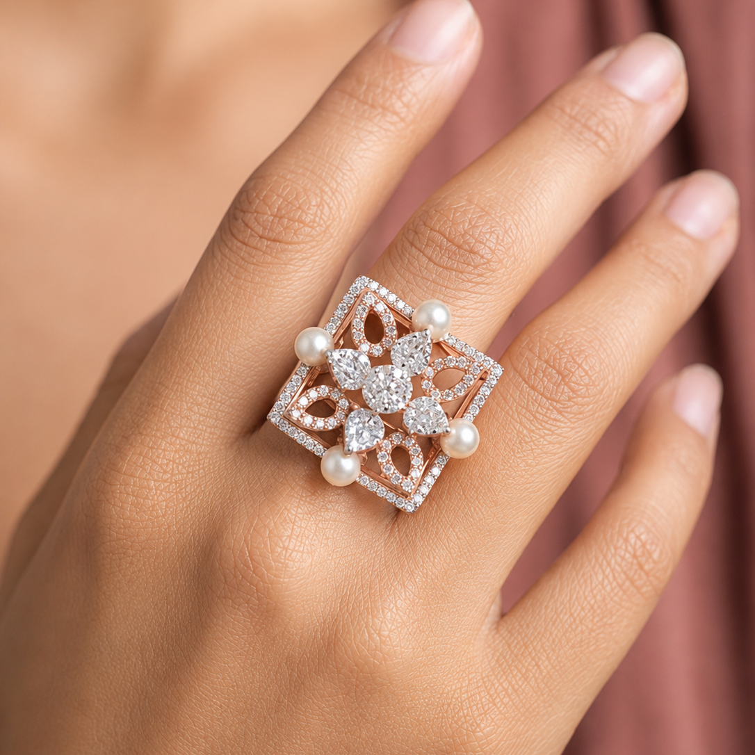 Regal Geometric Pearl & Diamond Statement Ring