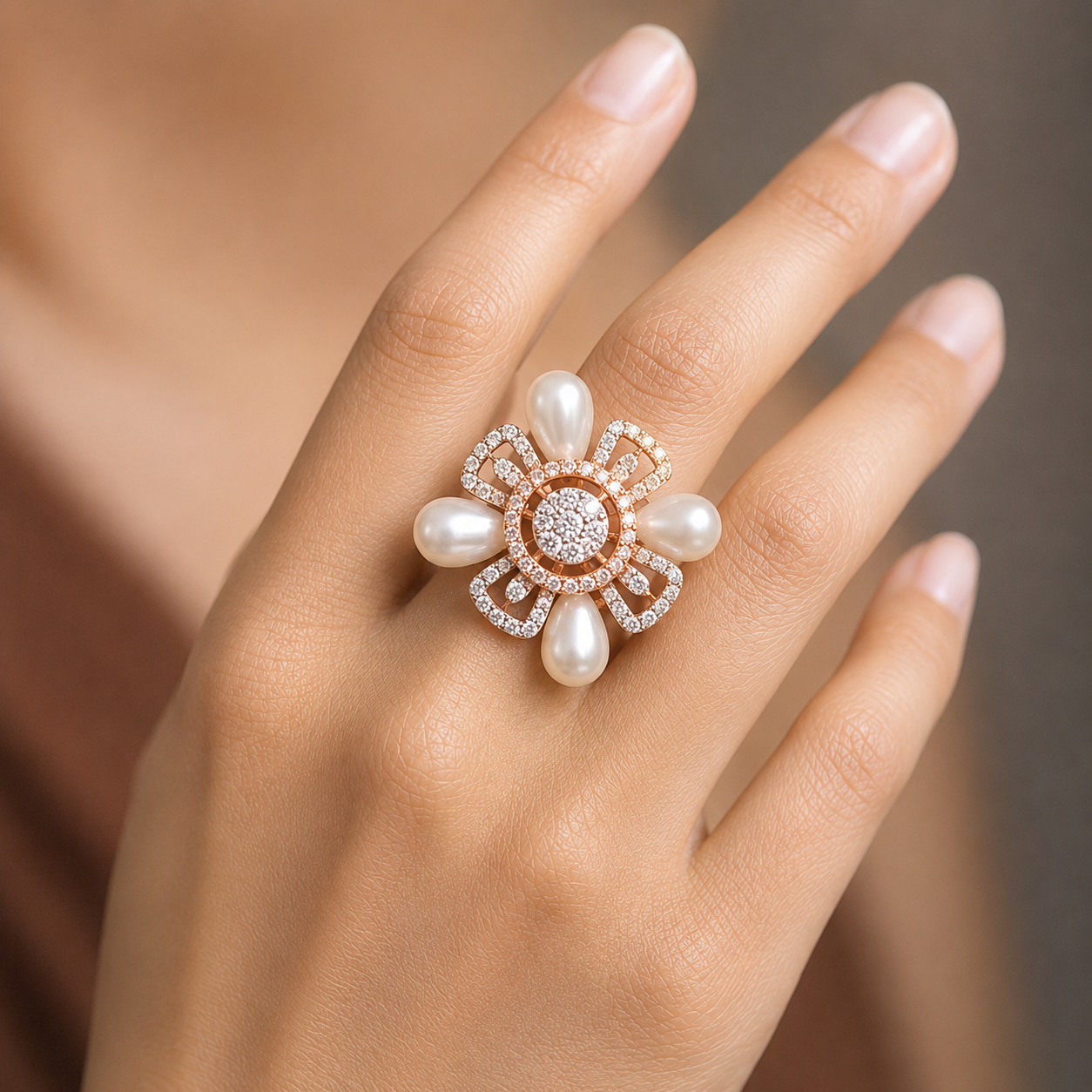 Floral Elegance Pearl & Diamond Statement Ring