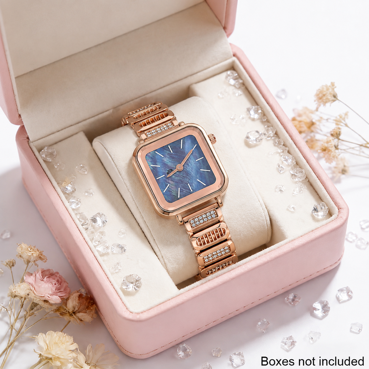 Blue Mother-of-Pearl Square-Case Crystal Ladies Wristwatch