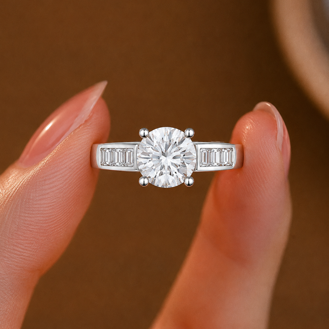 Brilliant Round Solitaire Ring with Channel-Set Baguettes