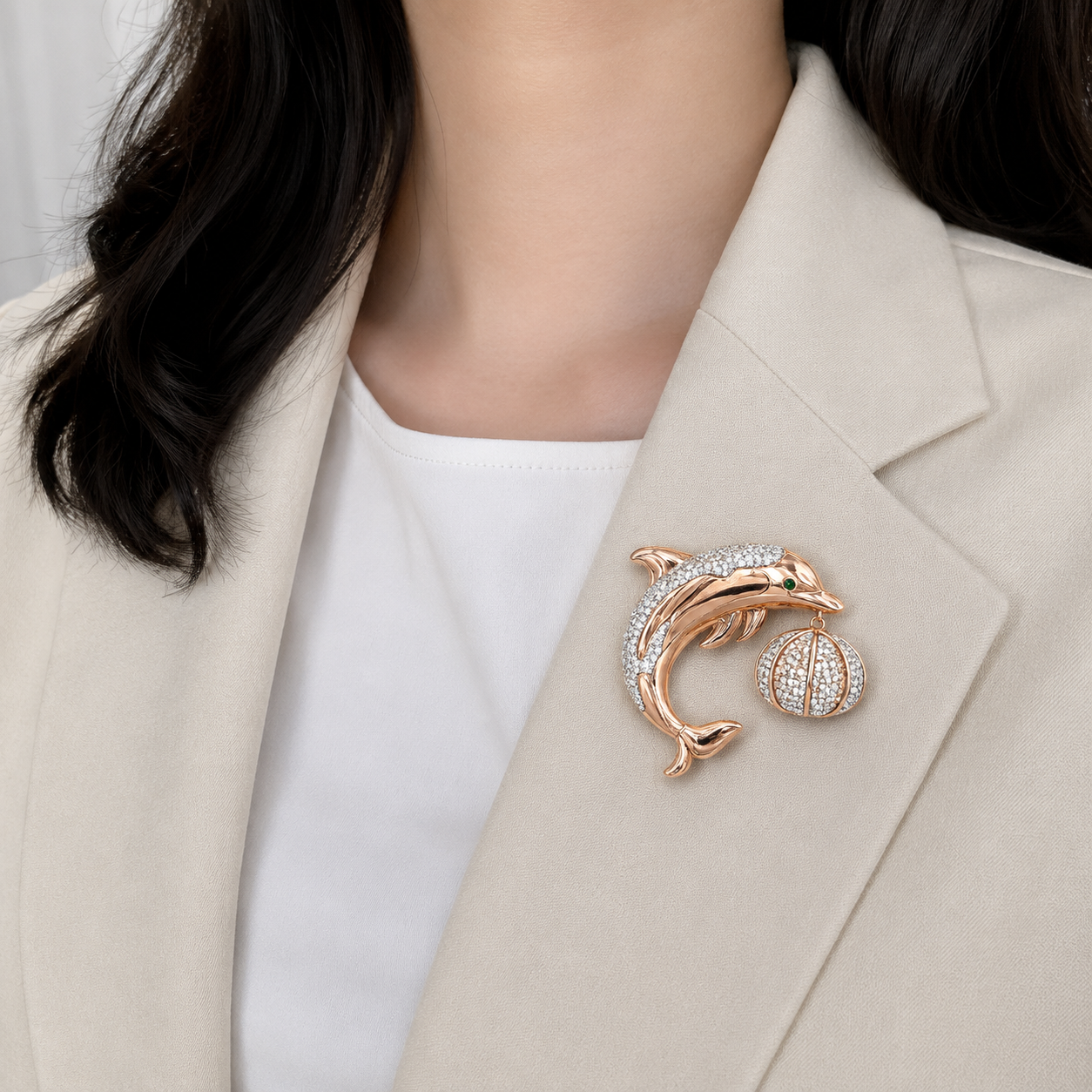Whimsical Pave-Diamond and Rose Gold Dolphin Brooch