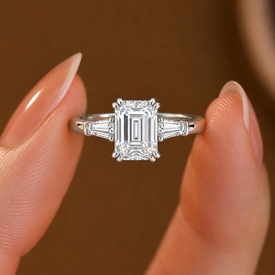 Vintage Emerald-Cut Three-Stone Ring with Tapered Baguettes