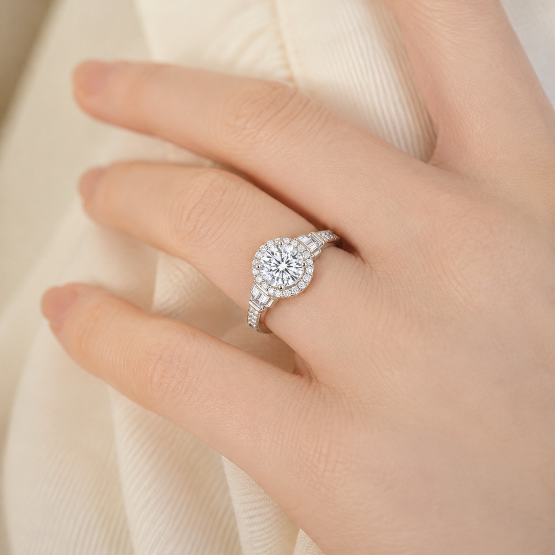 Grand Art Deco-Inspired Halo Engagement Ring with Baguette Accents