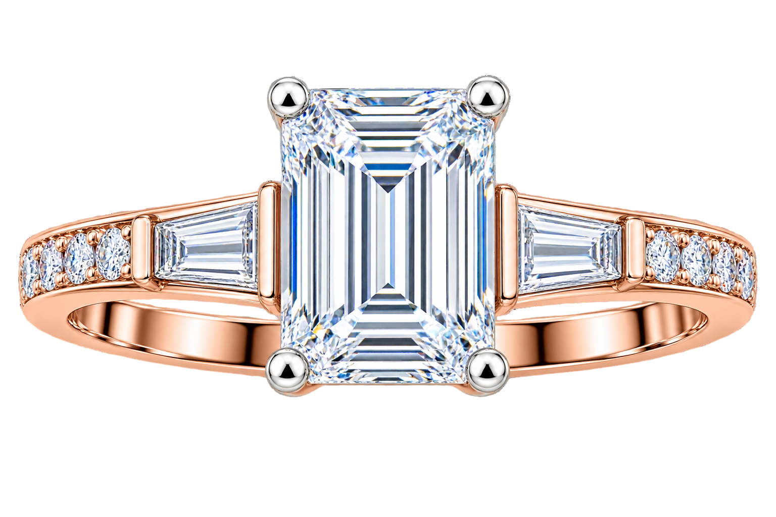 Classic Three-Stone Emerald and Baguette-Cut Ring