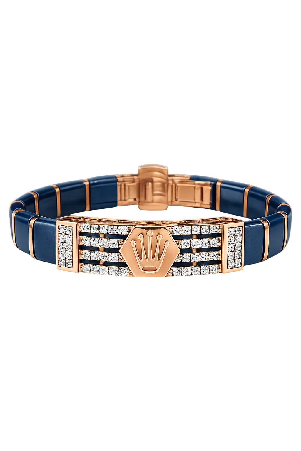 Iconic Crown-Emblem Blue & Rose Gold Ceramic Bracelet