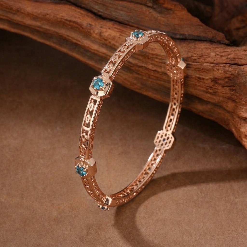 Turquoise-Accented Openwork Rose Gold Bangles