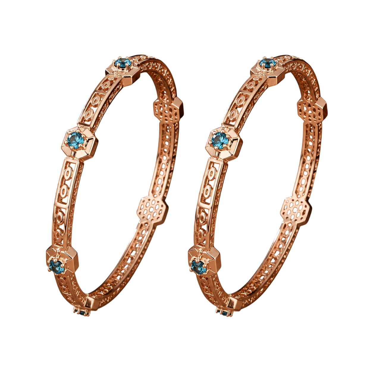 Turquoise-Accented Openwork Rose Gold Bangles