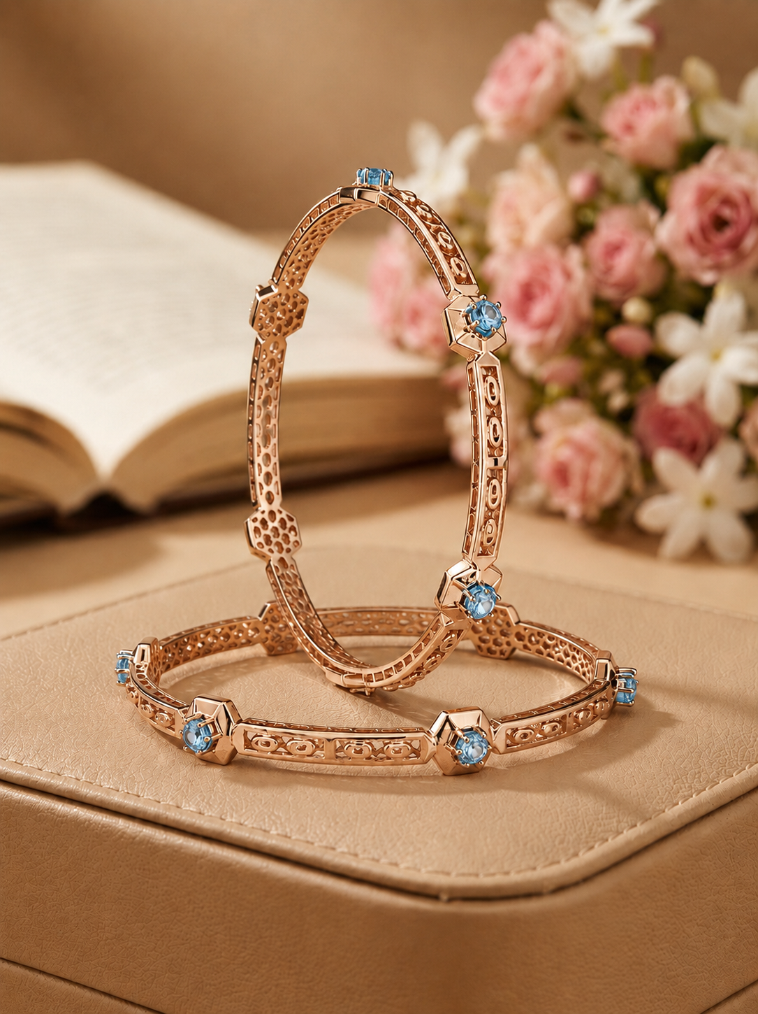 Turquoise-Accented Openwork Rose Gold Bangles