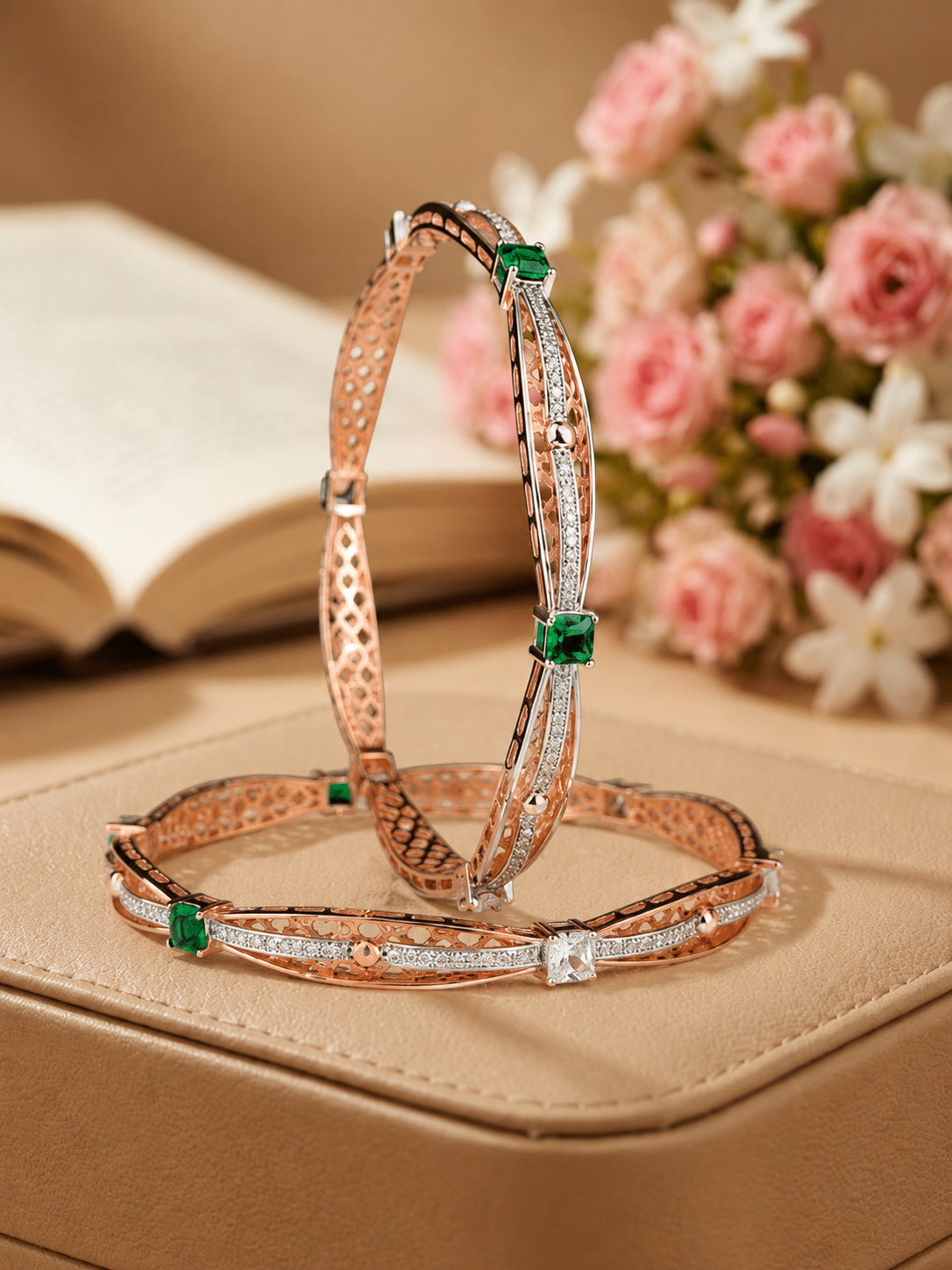 Regal Pave-Set Crystal and Dark Accent Rose Gold Bangles