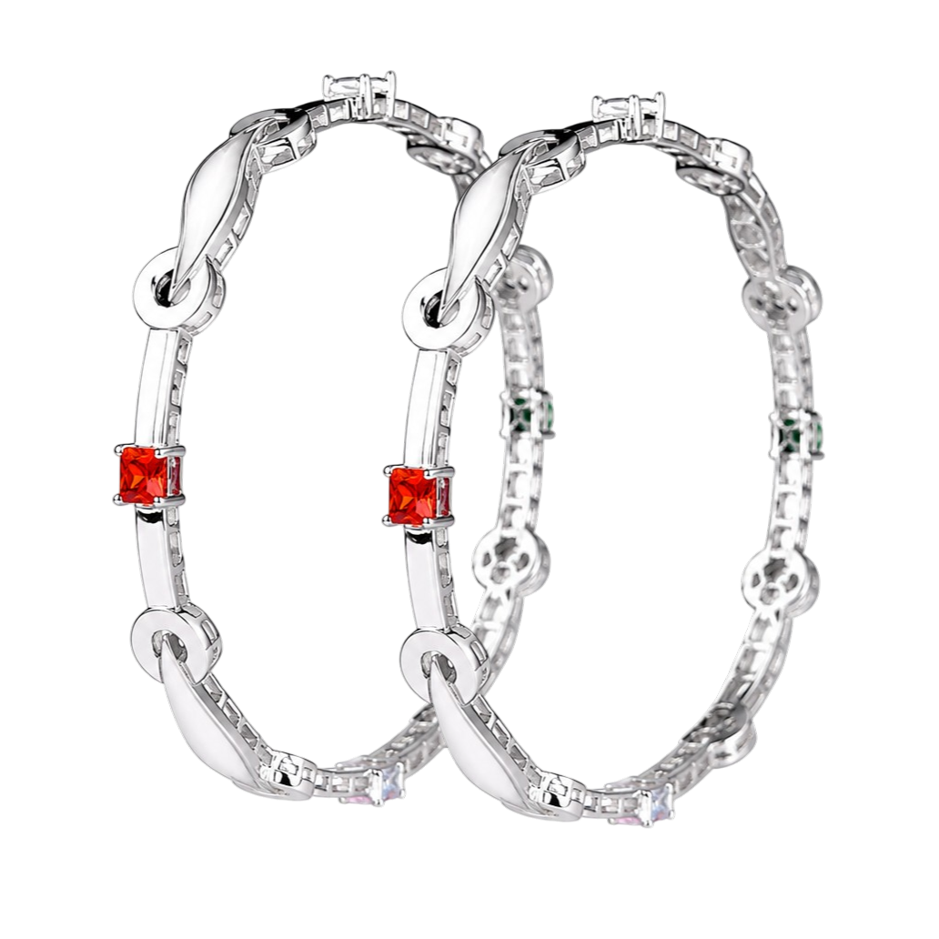 Vibrant Red Gem-Studded Silver-Toned Bangles