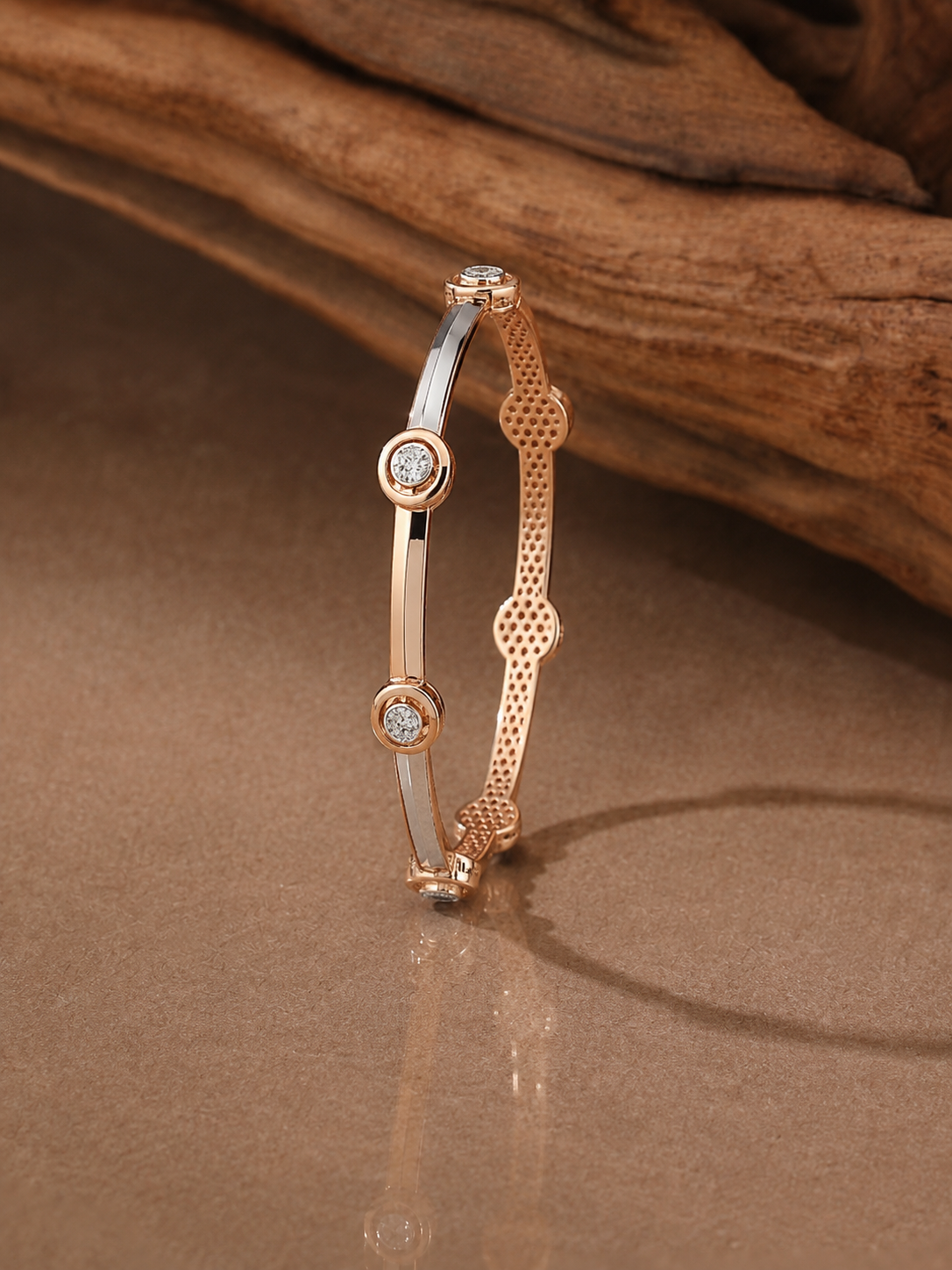 Two-Tone Bezel-Set Diamond Station Rose Gold Bangles