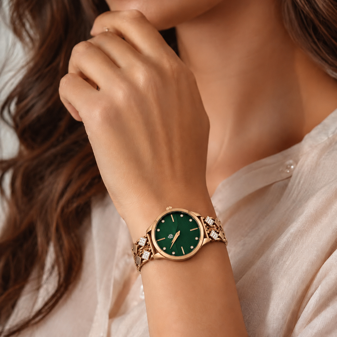 Emerald-Green Split-Dial Crystal Braided Ladies Wristwatch