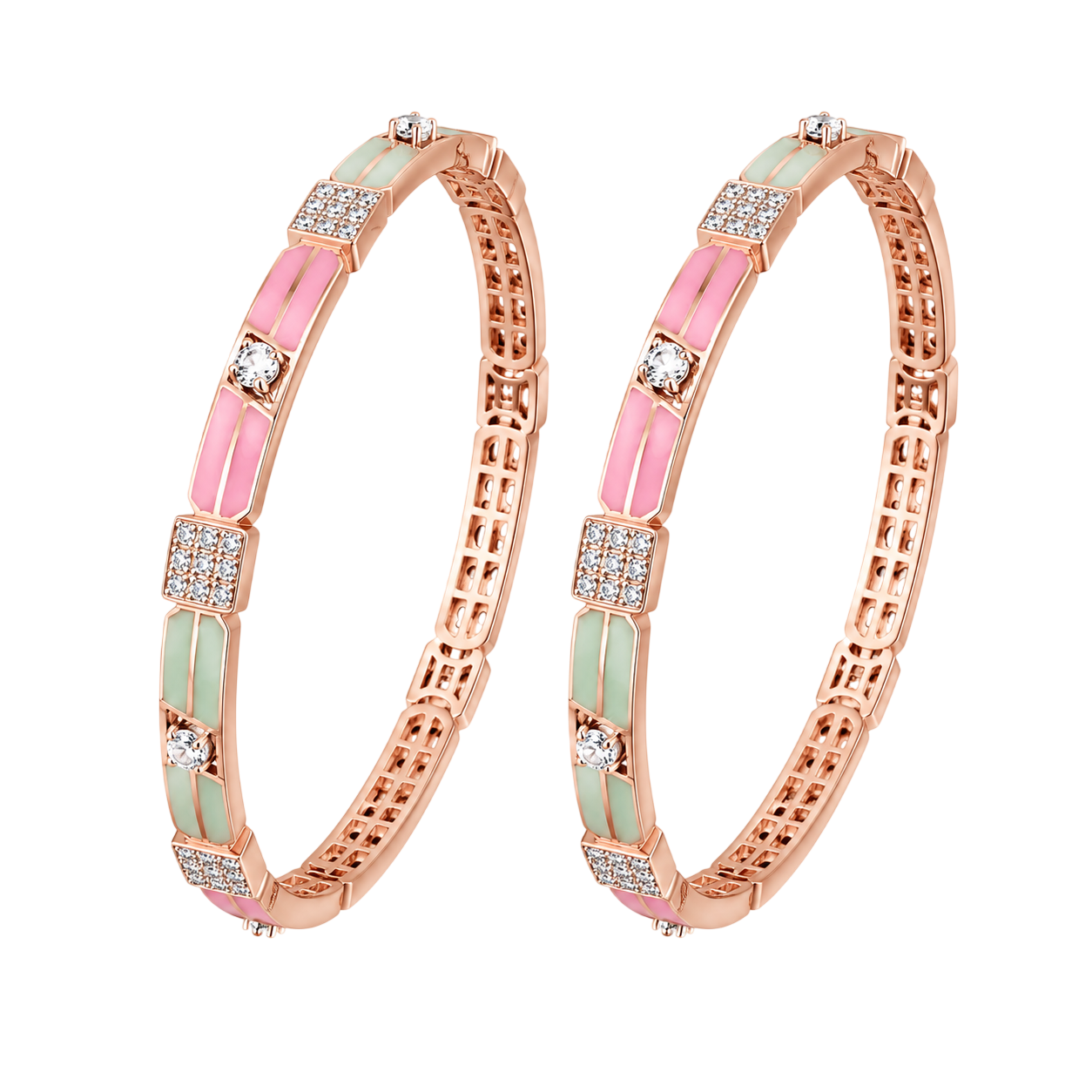 Pastel Enamel and Crystal Segmented Rose Gold Bangles
