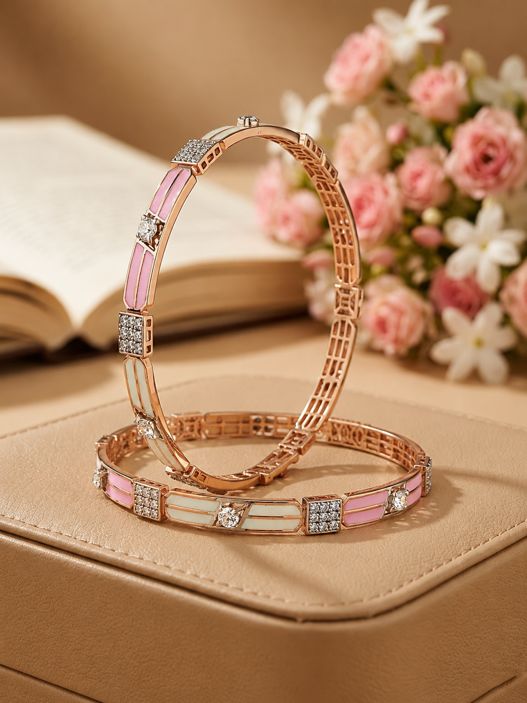 Pastel Enamel and Crystal Segmented Rose Gold Bangles