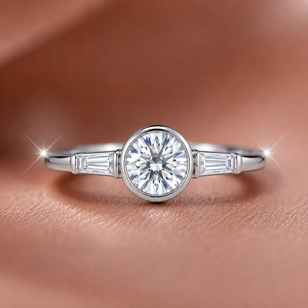 Bezel-Set Round and Baguette Three-Stone Ring