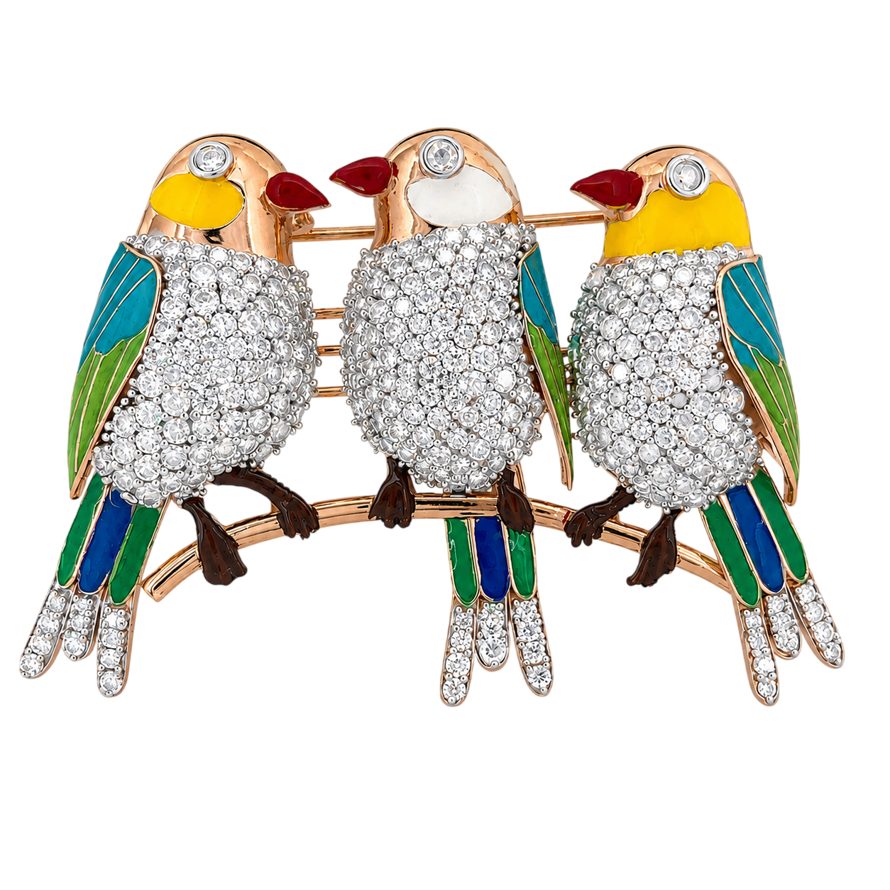 Trio of Vibrant Perched Songbirds Brooch